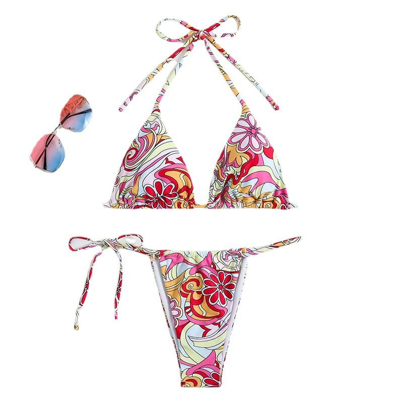 ™ Färgglad triangelbikini med snörning