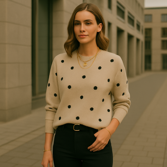 ™Hyggepikk – mjuk stickad tröja med prickar i varm beige