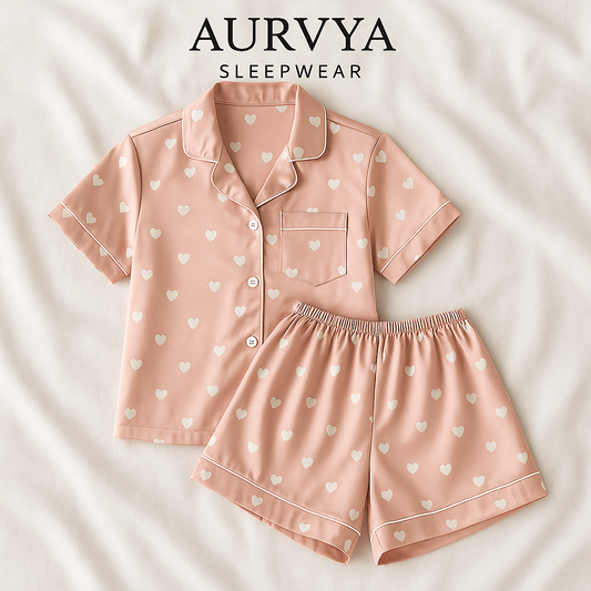 ™Rosa satinpyjamaset med hjärtan 
