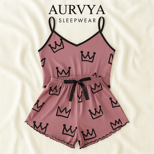 ™Satinpyjamas “Royal Mood” – Rosa med krontryck