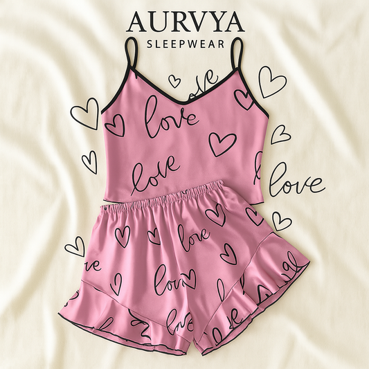 ™Satinpyjamas “Sweet Love” – Rosa med text och hjärtan 