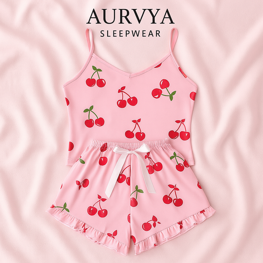 ™Rosa pyjamas “Cherry Cutie” – Satin-look med körsbärstryck