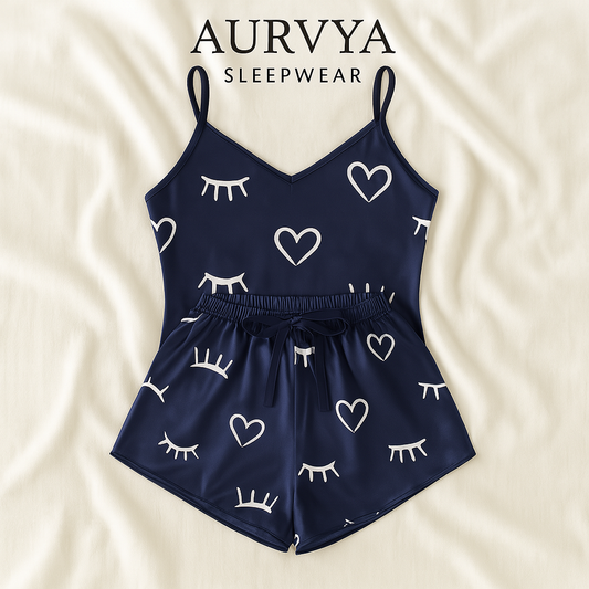 ™Satinpyjamas “Dream Eyes” – Mörkblå med ögon och hjärtan