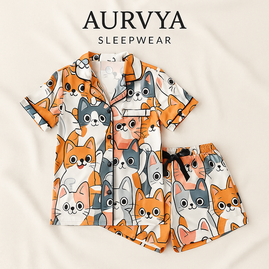 ™Satinpyjamas “Cat Cuteness” – Söt katttryck