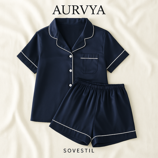 ™Marinblått pyjamasset i satin – AURVYA Sleeping Style 