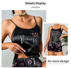 ™Svart satinpyjamas “Princess” med rosa 