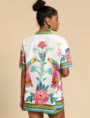™Exotiskt sommarset – Mönstrad skjorta och shorts i satin-look