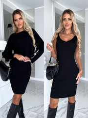 ™Ribbad bodycon-klänning med matchande axelband – Mångsidigt set
