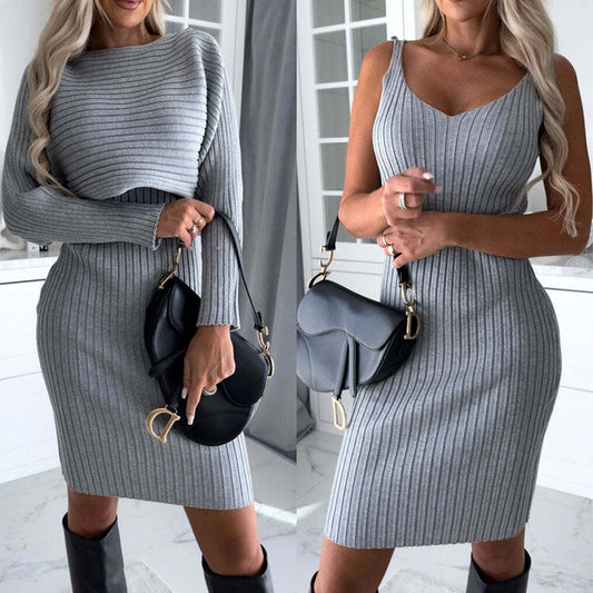 ™Ribbad bodycon-klänning med matchande axelband – Mångsidigt set