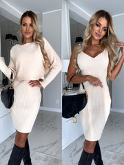 ™Ribbad bodycon-klänning med matchande axelband – Mångsidigt set